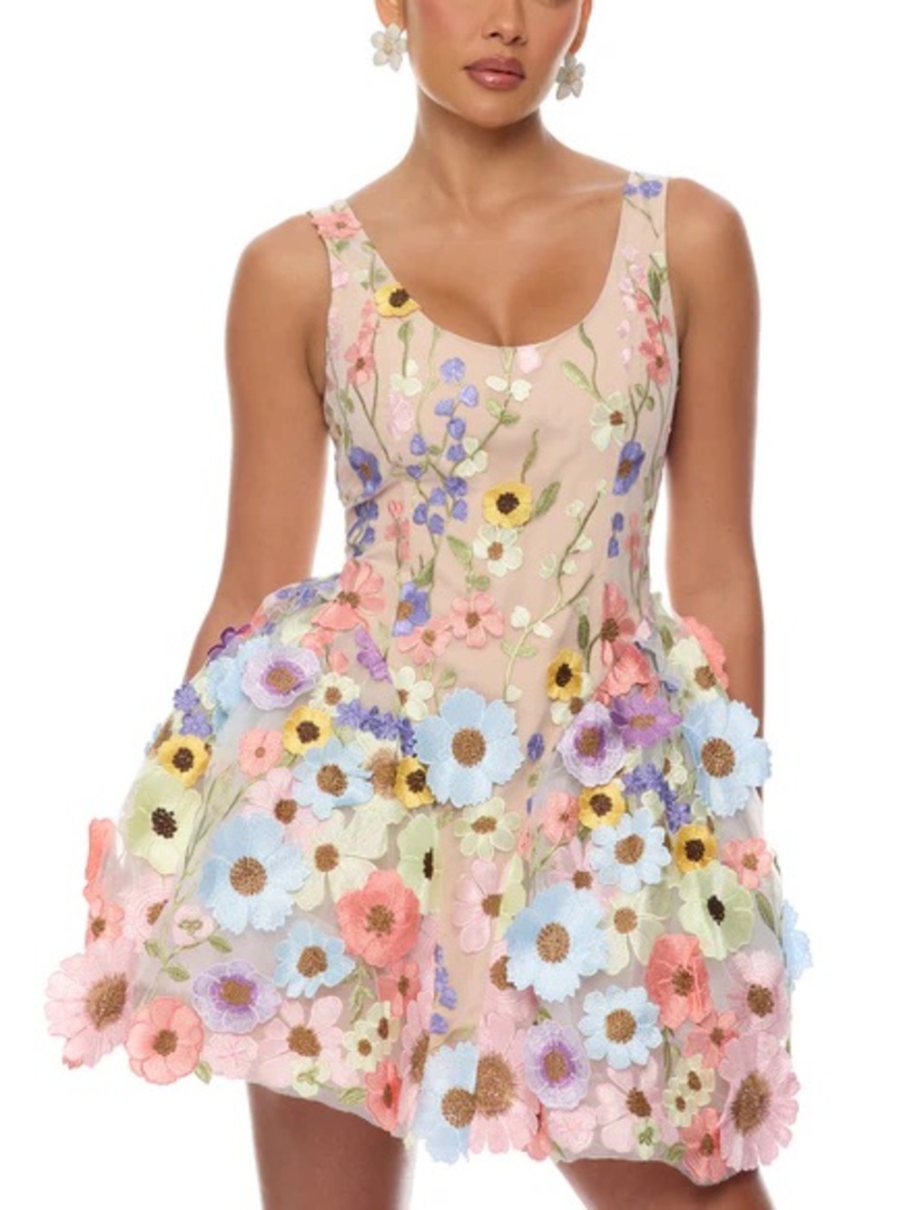 Bloom Flower Embroidered Mesh Mini Dress